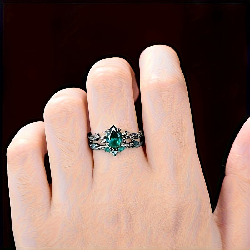 925 Sterling Silver Gothic Black Ring with Synthetic Jadeite Grape Pear Design for Women – Elegant Birthstone Holiday Ring with Gift Bag, Sizes 6-10, Unique Christmas Party Jewelry Gift
