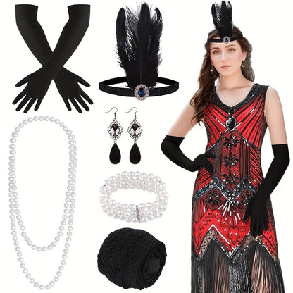 1920s Flapper Dress Women Sequin Beaded Fringe V-Neck Great Gatsby Costume with Accessories Set S-XL Red Black Gold