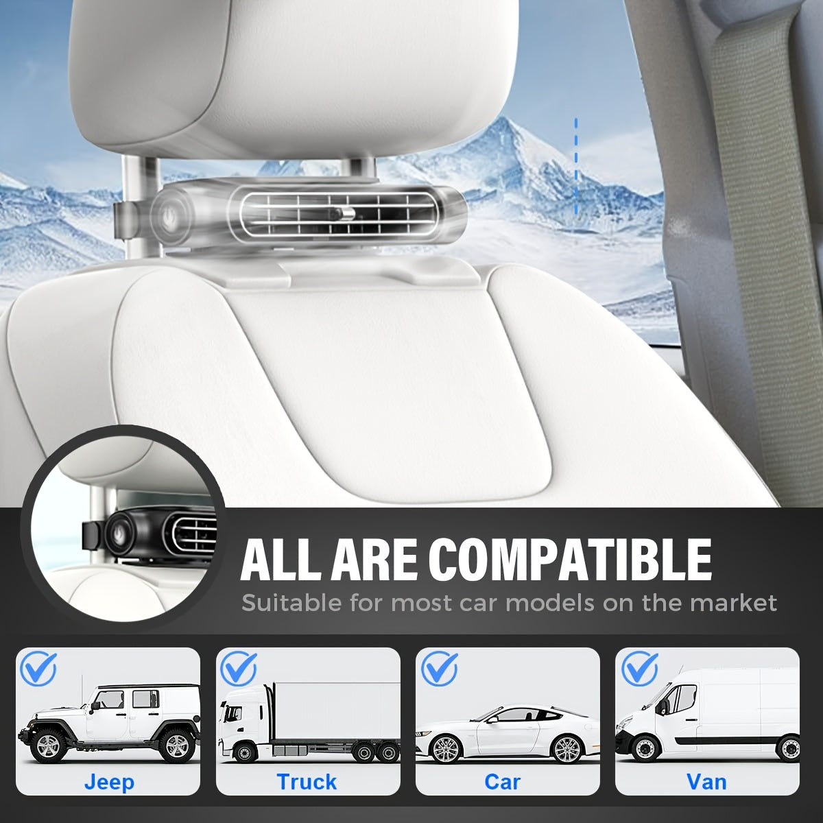 Bladeless USB Car Fan 3-Speed Quiet Cooling – Plug-and-Play Seat Fan with USB Cable, Stay Cool in Traffic, Universal Fit All Car Models, White & Black