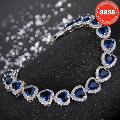 S925 Sterling Silver Blue Heart-Shaped Full Moissanite Bracelet for Women – Elegant Luxury Style, Perfect Gift for Sisters, Mothers, Anniversary, Valentine's Day & Christmas