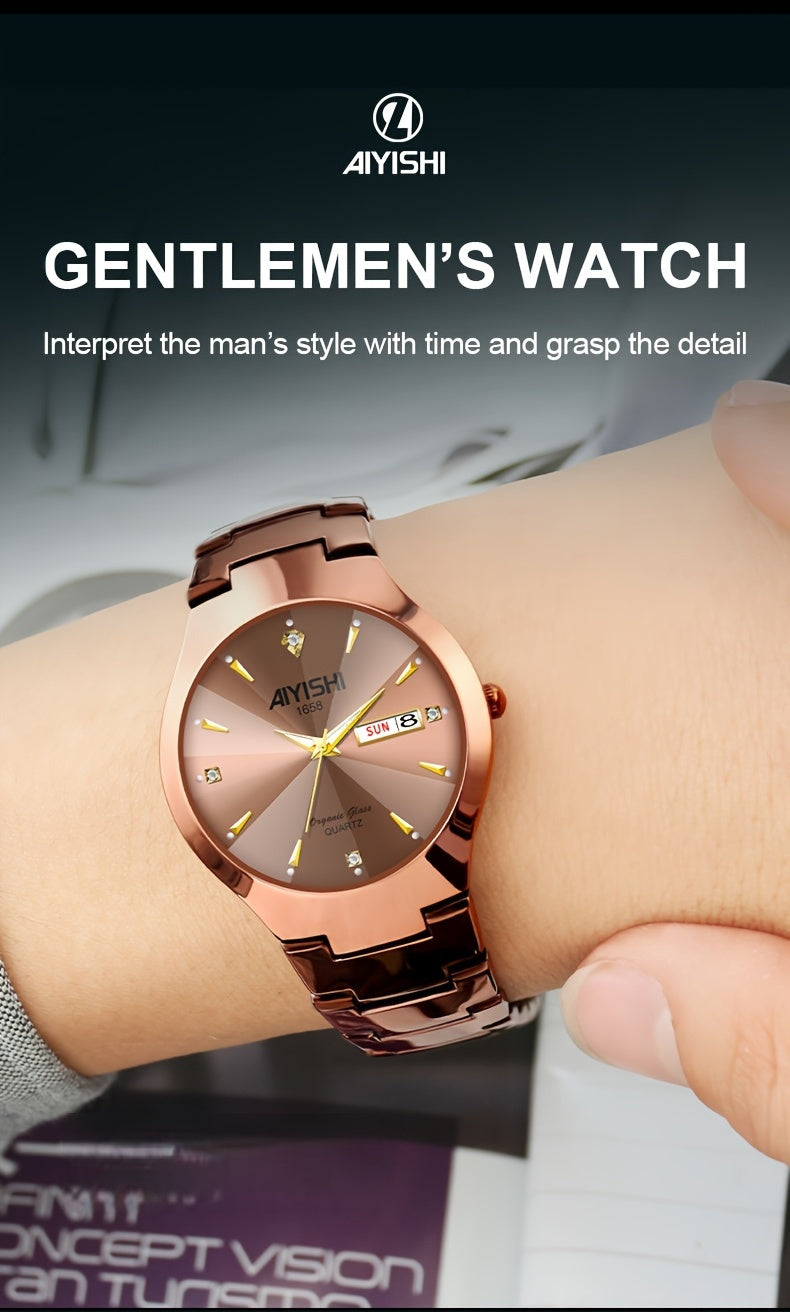 Men's Luxury Quartz Wristwatch with Double Calendar and Luminous Hands – Elegant Business Stainless Steel Watch for Men, Classic Gold Black White Dial, Perfect Gift for Him Birthday Anniversary