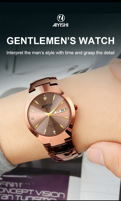 Men's Luxury Quartz Wristwatch with Double Calendar and Luminous Hands – Elegant Business Stainless Steel Watch for Men, Classic Gold Black White Dial, Perfect Gift for Him Birthday Anniversary