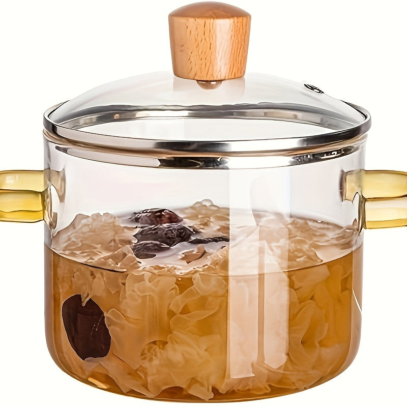 54oz Borosilicate Glass Soup Pot with Handle | Heat Resistant to 752°F | Stovetop & Oven Safe | Transparent Glass Cooker for Soup Congee Ramen Milk | Easy Clean Odorless | Green & Yellow Handle