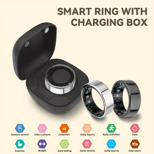 Smart Ring with Charging Case Health Fitness Tracker Steps Calories Sleep Monitor Bluetooth 6.0 – iPhone Android Compatible Black Gold Silver Sizes 7-13 USB Charging Gift