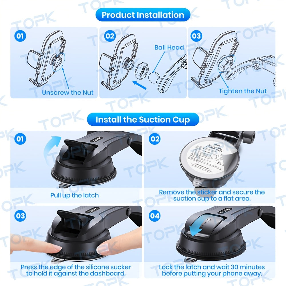 Universal Car Phone Holder Dashboard Mount - Adjustable Cell Phone Car Mount for iPhone, Samsung & All Android Smartphones, Stable Dash Mount with Flexible Viewing Angles, Easy One-Hand Operation