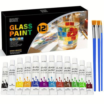 Glass Paint Set 12 Colors Non-Toxic Acrylic Stained Glass Painting Kit for Wine Glasses Windows Ceramic Mugs ASTM Certified Odorless with 3 Brushes for Adults Artists and Beginners