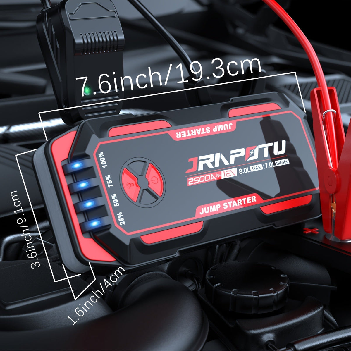 Portable Car Jump Starter 2500A Peak | 8000mAh-10000mAh 12V Battery Booster Pack, Up to 30 Starts, USB Charging Ports & LED Flashlight – Fits Gas 7.0L & Diesel 8.0L Engines, Trucks, SUVs, Motorcycles