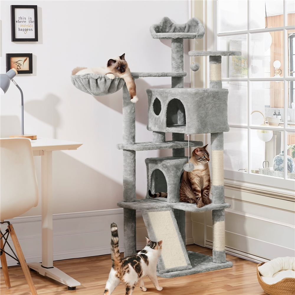 57-Inch Multilevel Cat Tree Tower with 2 Condos – Sisal Scratching Posts, Dangling Ball, Round Platform & Ladder for Indoor Kittens & Small Cats, 6 Colors, Christmas Gift for Cat Lovers