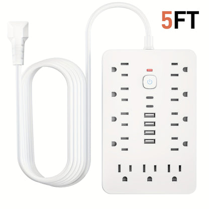 17-in-1 Power Strip Surge Protector with 11 AC Outlets 4 USB Ports 2 USB-C Ports Flat Plug Design Space-Saving Extension Cord for Home Office Desk Kitchen 5ft 10ft Cord