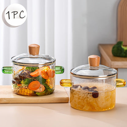 54oz Borosilicate Glass Soup Pot with Handle | Heat Resistant to 752°F | Stovetop & Oven Safe | Transparent Glass Cooker for Soup Congee Ramen Milk | Easy Clean Odorless | Green & Yellow Handle