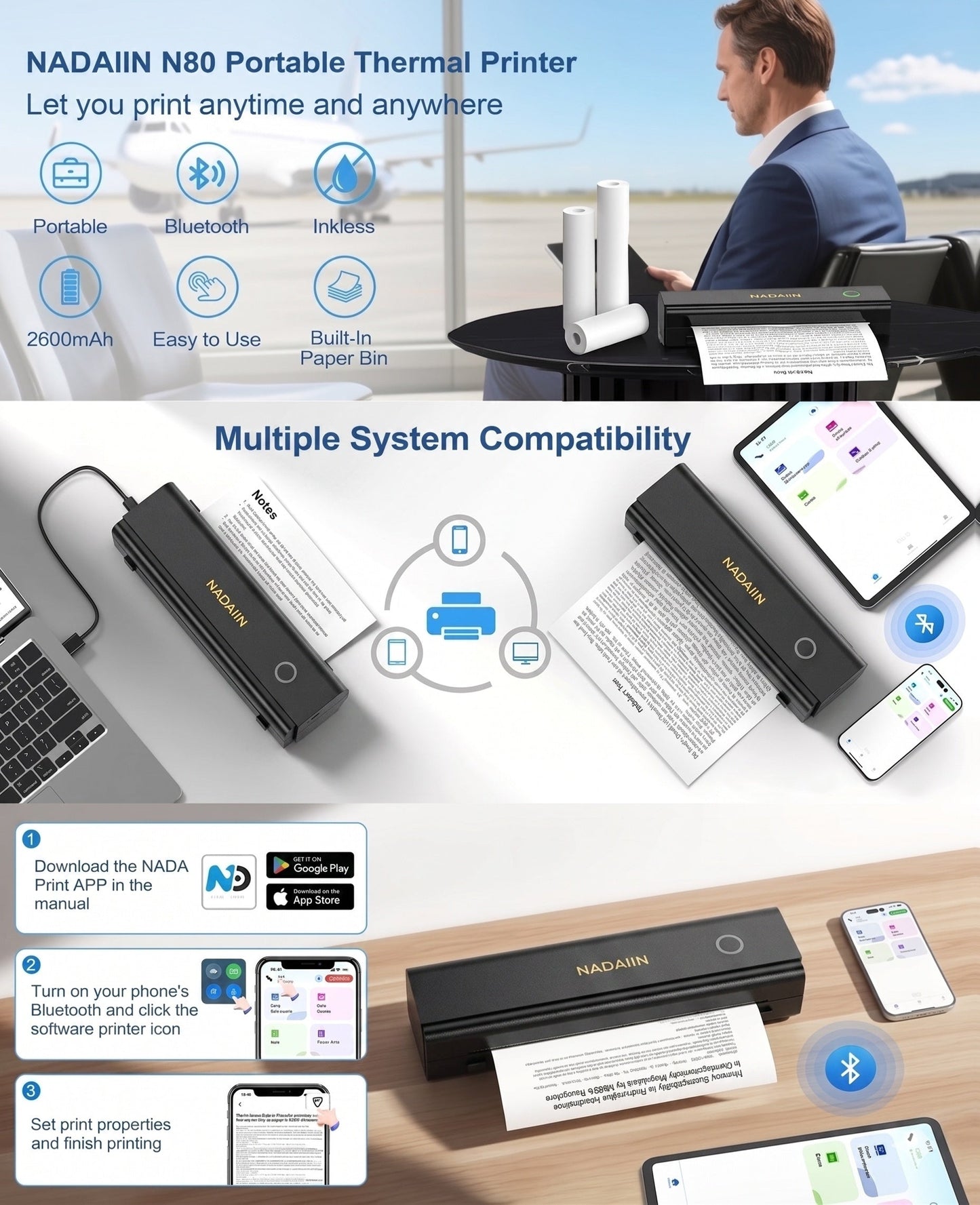 Portable Inkless Thermal Printer A4 with Paper Tray Wireless Mobile Printer Supports 8.5x11 Letter A4 Paper Compatible with iPhone Android Laptop Home Office School Travel