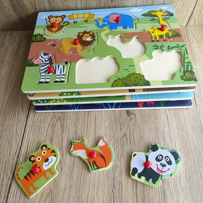 Wooden Peg Puzzle Set of 4 for Toddlers 32 Pieces Knob Puzzles Farm and Zoo Animal Themes Montessori Learning Toy for Ages 1 2 3 Birthday Christmas Easter Gift Boys Girls