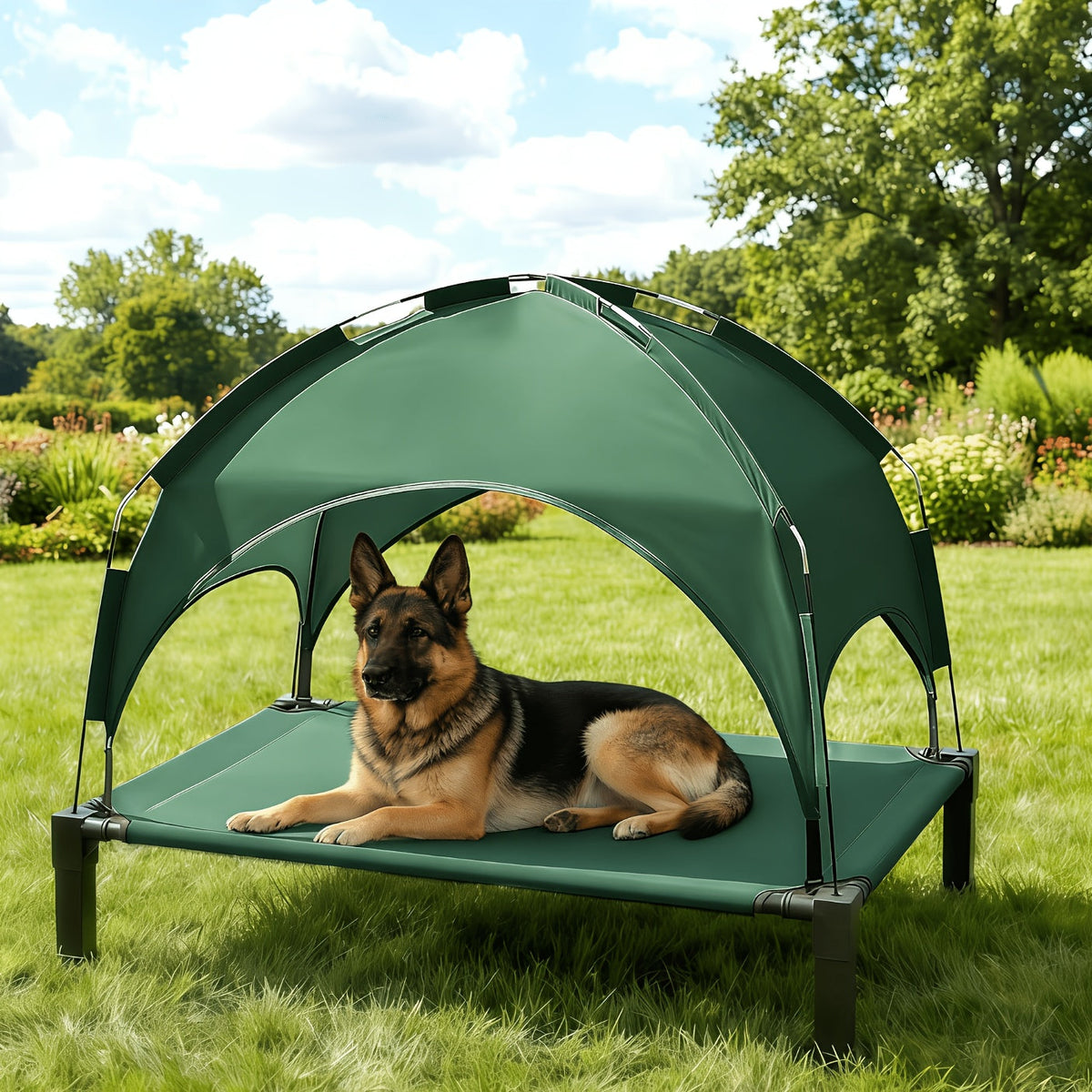 Elevated Dog Bed with Removable Canopy Shade Tent – Portable Raised Outdoor Cooling Pet Cot for Dogs & Cats, Breathable Mesh, Lightweight Foldable Design for Camping, Yard & Patio