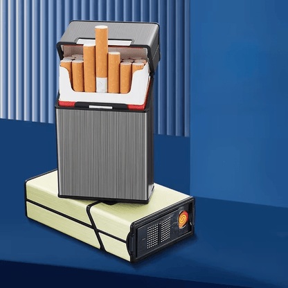 Rechargeable Electric Lighter with Built-In Cigarette Case – Windproof, Holds 20 Cigarettes, Flip-Top Design, Pressure & Moisture Resistant – Sleek All-Black for Business & Everyday Use