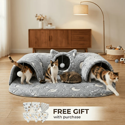 Cat Tunnel Bed with Memory Foam, Hanging Ball & Free Drool Bib – Detachable Plush Cat Condo Lounge, Machine Washable Pet Nest for Multi-Cat Households, Small to Medium Cats – Velora