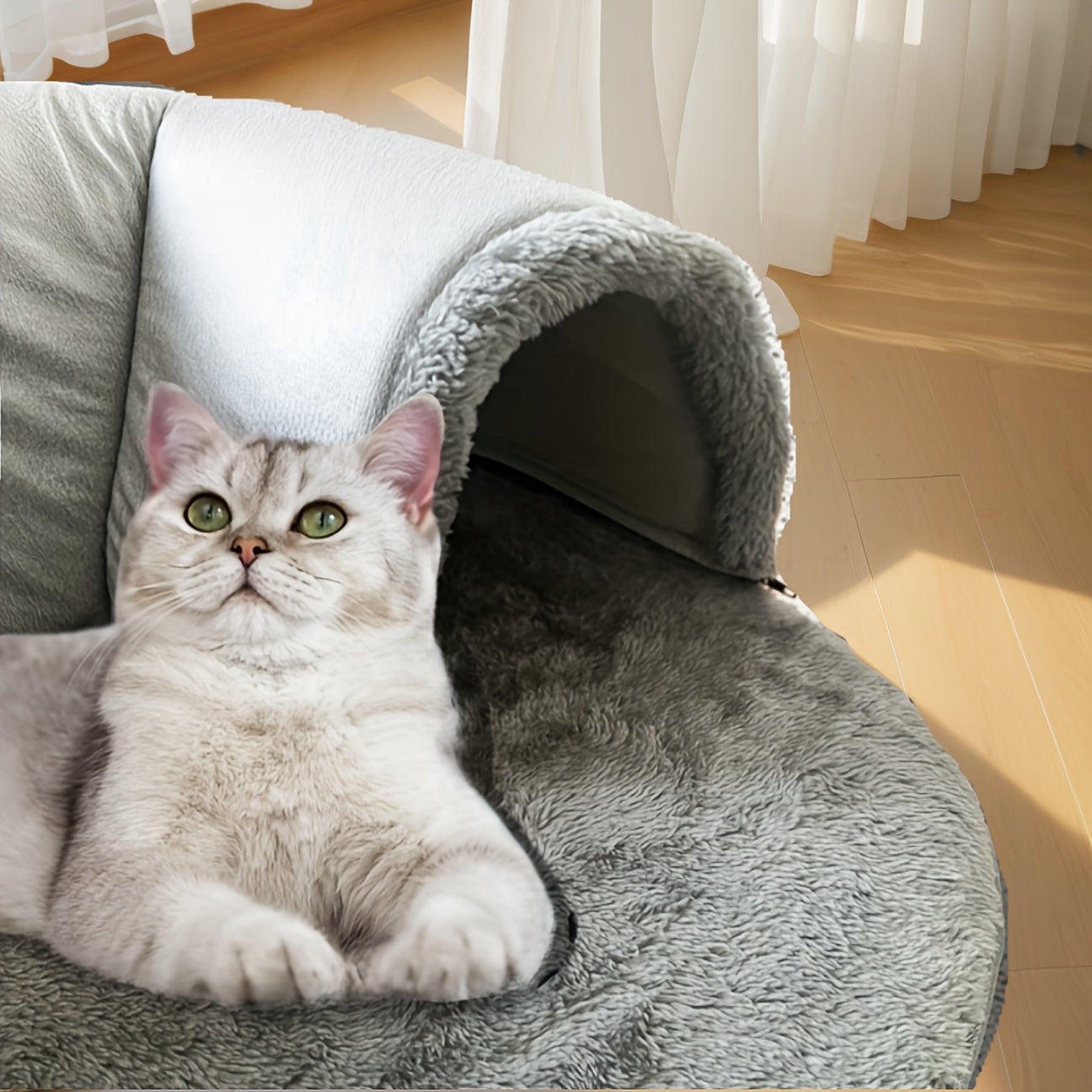 Cat Tunnel Bed with Memory Foam, Hanging Ball & Free Drool Bib – Detachable Plush Cat Condo Lounge, Machine Washable Pet Nest for Multi-Cat Households, Small to Medium Cats – Velora