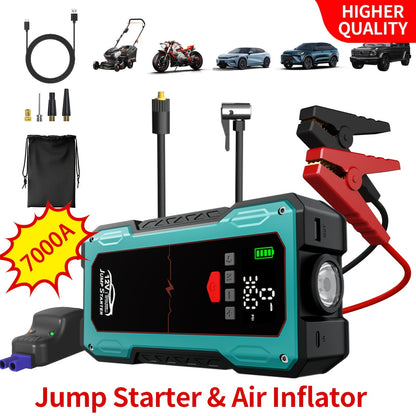7000A Portable Jump Starter with Air Compressor – 5000A/7000A Peak Battery Pack with 150PSI Digital Tire Inflator, Fits 10L Gas & 2.38gal Diesel, Fast USB Charging & LED Emergency Light
