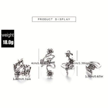 925 Sterling Silver Vintage Stackable Floral Ring Set for Women – 4 Piece Boho Stacking Rings, Elegant Minimalist Band Jewelry, Perfect Gift for Her Birthday Anniversary Christmas