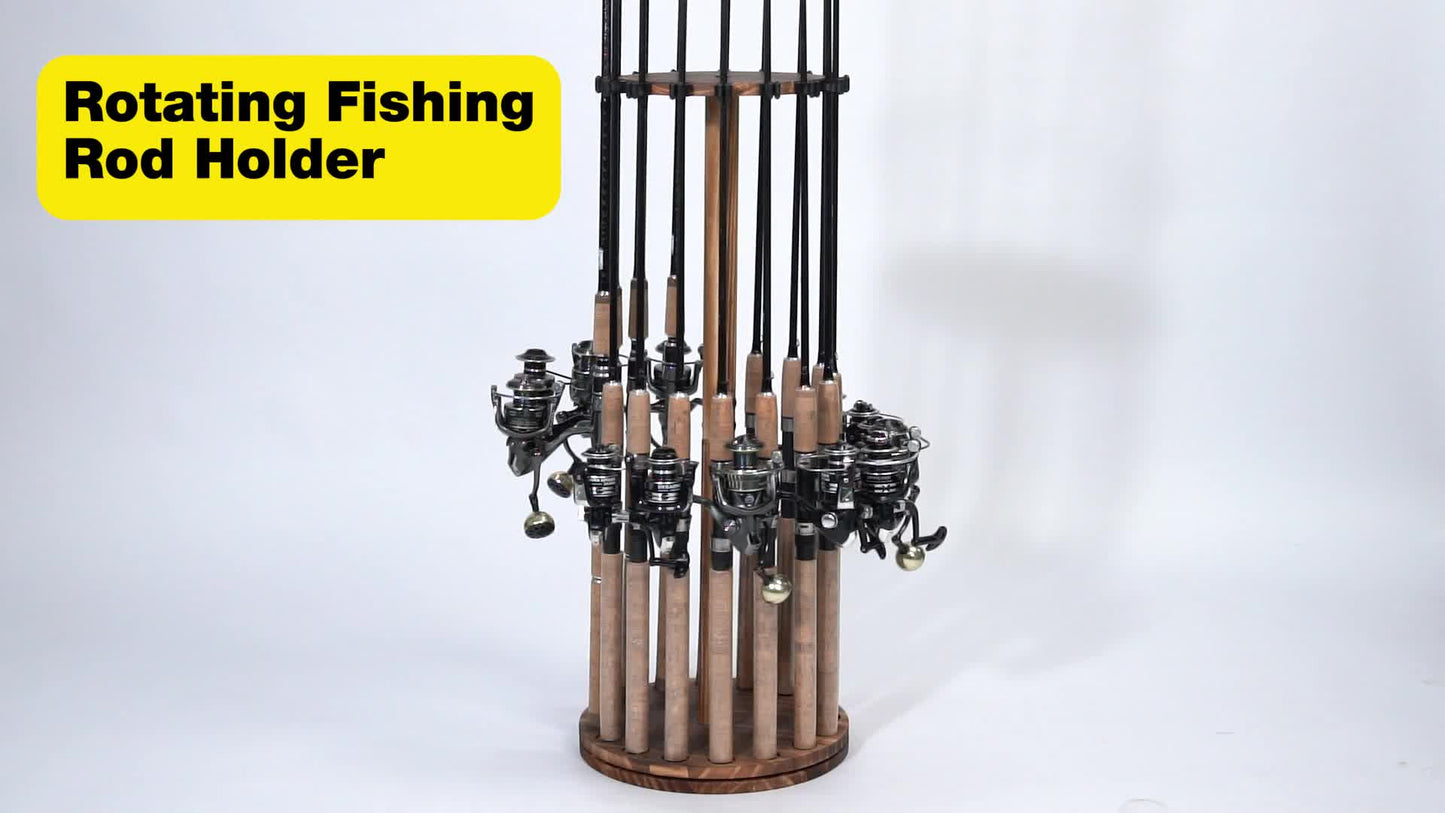 Circular Wooden Fishing Rod Rack Holds 16 Rods Space-Saving Fishing Pole Organizer for Garage Shed Man Cave – 360° Rotating & Fixed Options, Sturdy Wood Construction, Fisherman Gift