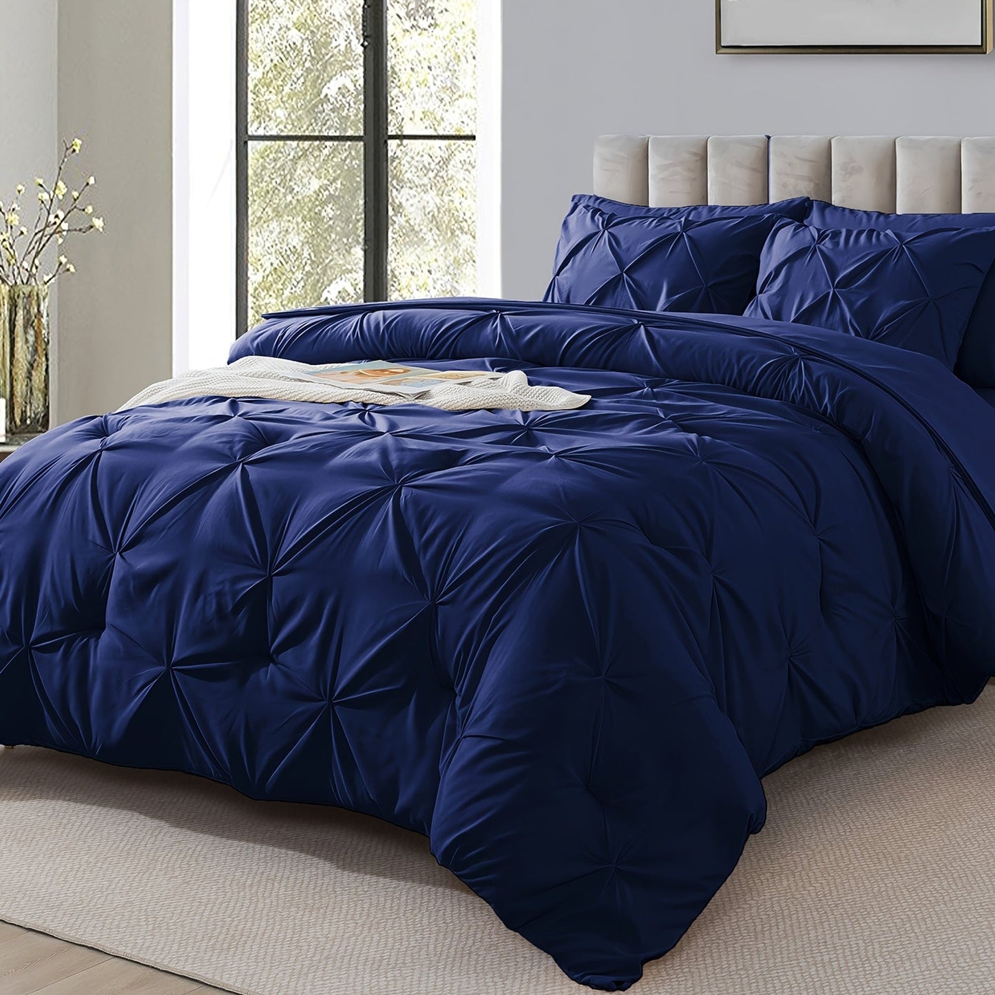 Comforter Set 7 Piece Queen King Full - Soft Microfiber Pintuck Pleated Bed in a Bag Complete Bedding Set with Comforter, Fitted Sheet, Flat Sheet & Pillowcases, All Season Home & Dorm Bedding