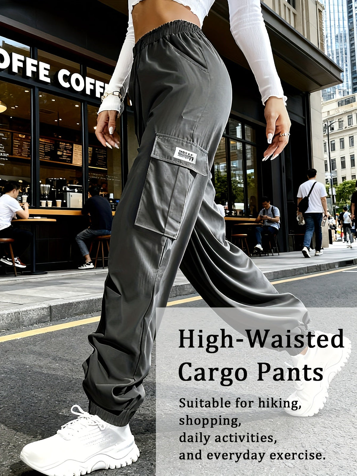 Women's Cargo Pants with Zippered Pockets – Elastic Drawstring Waist Large Pocket Casual Outdoor Trousers Black Grey Green Blue XS-XXL