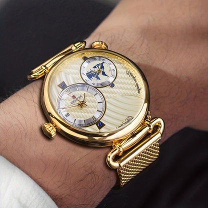 Men's Classic Vintage Quartz Watch for Business – Elegant Golden Dial Dress Wristwatch with Gift Box, Analog Timepiece for Work, Formal & Special Occasions