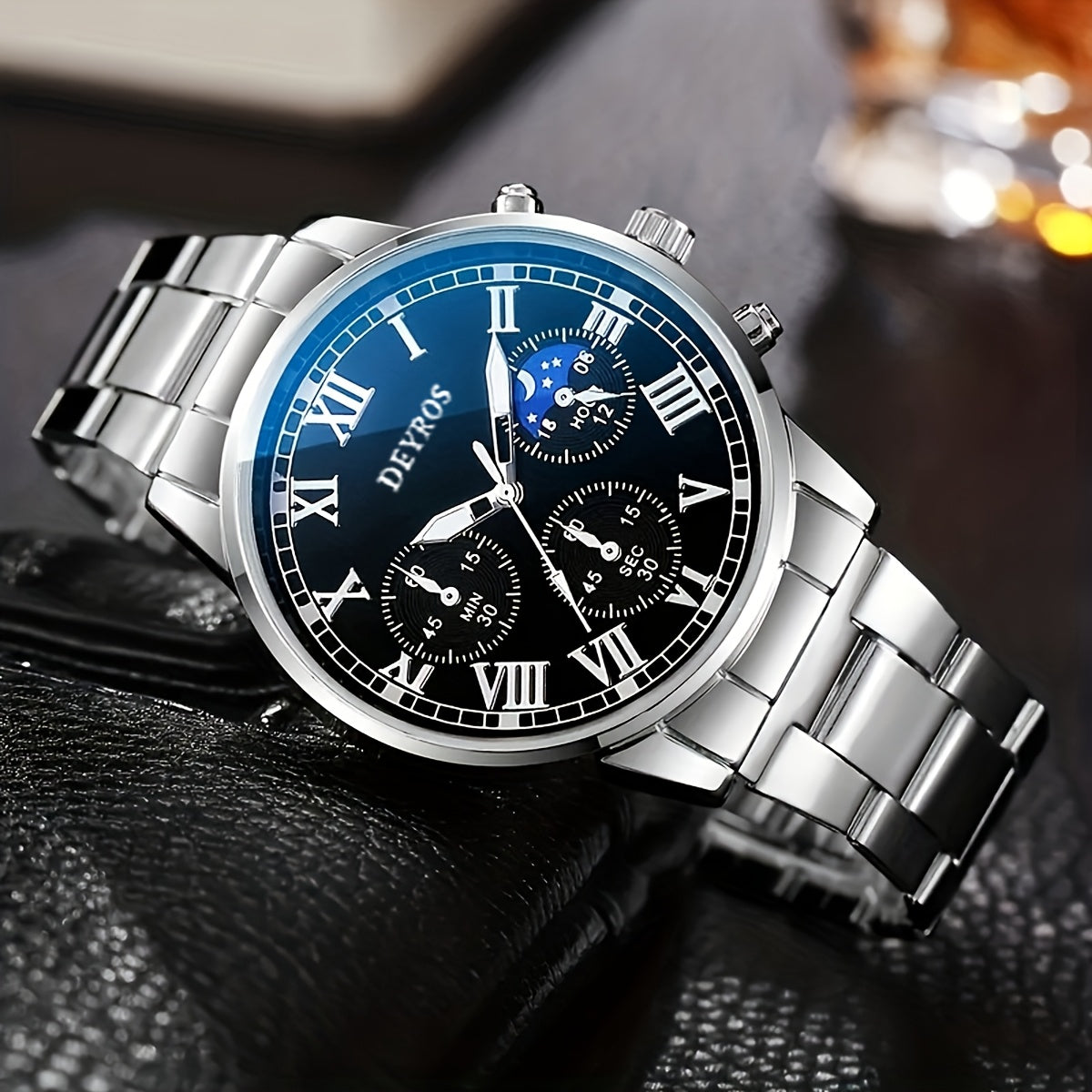 Men's Stainless Steel Chronograph Quartz Watch Set with Necklace & Bracelet – 3-Piece Business Analog World Time Jewelry Gift Set for Professional Formal Events