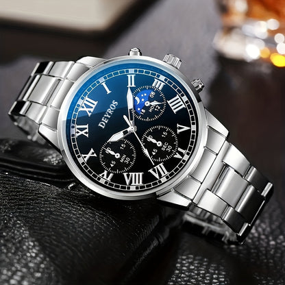 Men's Stainless Steel Chronograph Quartz Watch Set with Necklace & Bracelet – 3-Piece Business Analog World Time Jewelry Gift Set for Professional Formal Events