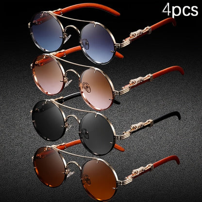 4PCS Punk Rock Round Glasses with Leopard Print Hinges & Tortoiseshell Accents – Retro Metal Frame PC Lenses, Unisex Fashion Eyewear for Parties, Photos & Casual Wear