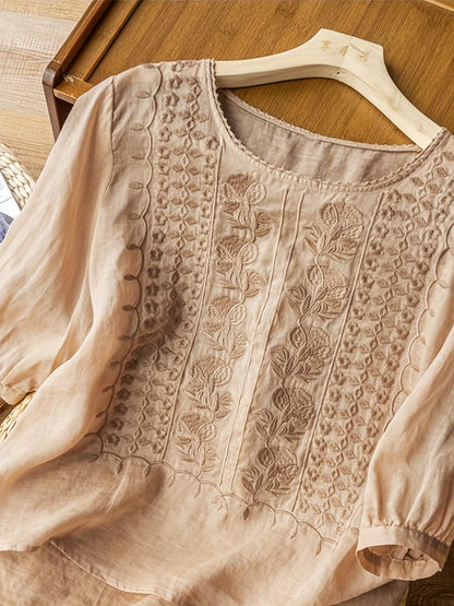 Women's Embroidered Floral T-Shirt Casual Short Sleeve Crew Neck Soft Cotton Tee 4 Colors White Green Yellow Khaki S-XXL