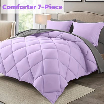 7 Piece Comforter Set Queen King Size – Soft Microfiber Pinch Pleated Bed in a Bag with Comforter, Fitted Sheet, Flat Sheet & 4 Pillowcases, All-Season Bedding Set for Home & Dorm