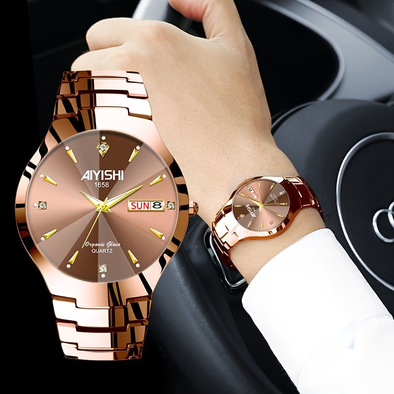 Men's Luxury Quartz Wristwatch with Double Calendar and Luminous Hands – Elegant Business Stainless Steel Watch for Men, Classic Gold Black White Dial, Perfect Gift for Him Birthday Anniversary