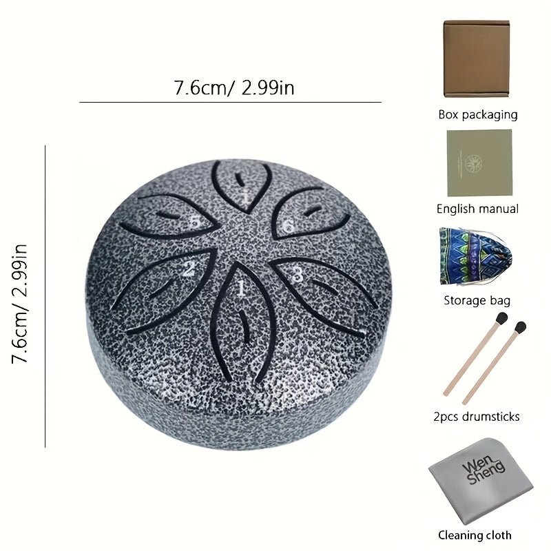 Mini Steel Tongue Drum 3 Inch 6-Tone – Beginner Handheld Carbon Steel Percussion Instrument, Includes Drumsticks, Sheet Music & Learning Guide, Perfect for Meditation, Gifts, Weddings & Holidays – Multiple Colors