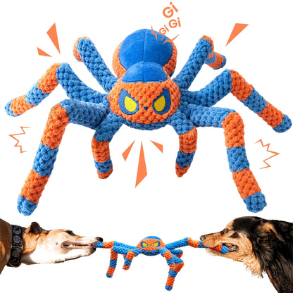 Squeaky Spider Dog Toy for Large Dogs – Interactive Crinkle Tug of War Plush Puppy Toy with Squeaker Head & Crinkle Legs, Keeps Dogs Busy for Hours, No Battery Needed, Blue & Red Spider