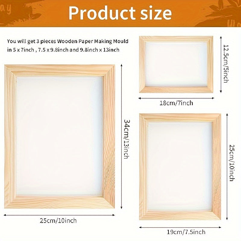 Wooden Papermaking Kit – 3-Piece DIY Handmade Paper Craft Frame Mold Set with Elastic Net & Metallic Hinges, 3 Sizes Included, Perfect for Cards, Journals, Gift Tags & Stationery | Velora