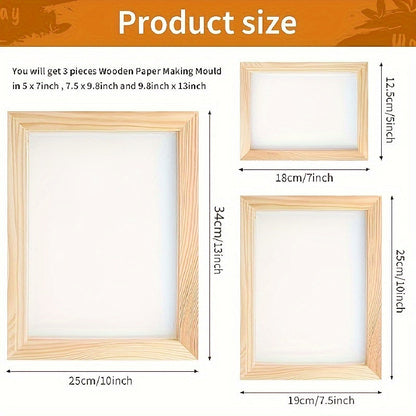 Wooden Papermaking Kit – 3-Piece DIY Handmade Paper Craft Frame Mold Set with Elastic Net & Metallic Hinges, 3 Sizes Included, Perfect for Cards, Journals, Gift Tags & Stationery | Velora