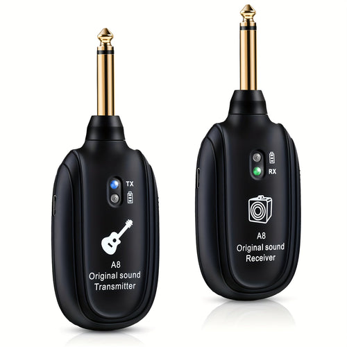 A8 Wireless Guitar System with Built-In Rechargeable Transmitter & Receiver – Stereo Audio, USB Charging, Compatible with Electric Guitar, Bass & Violin, Works with Amplifiers