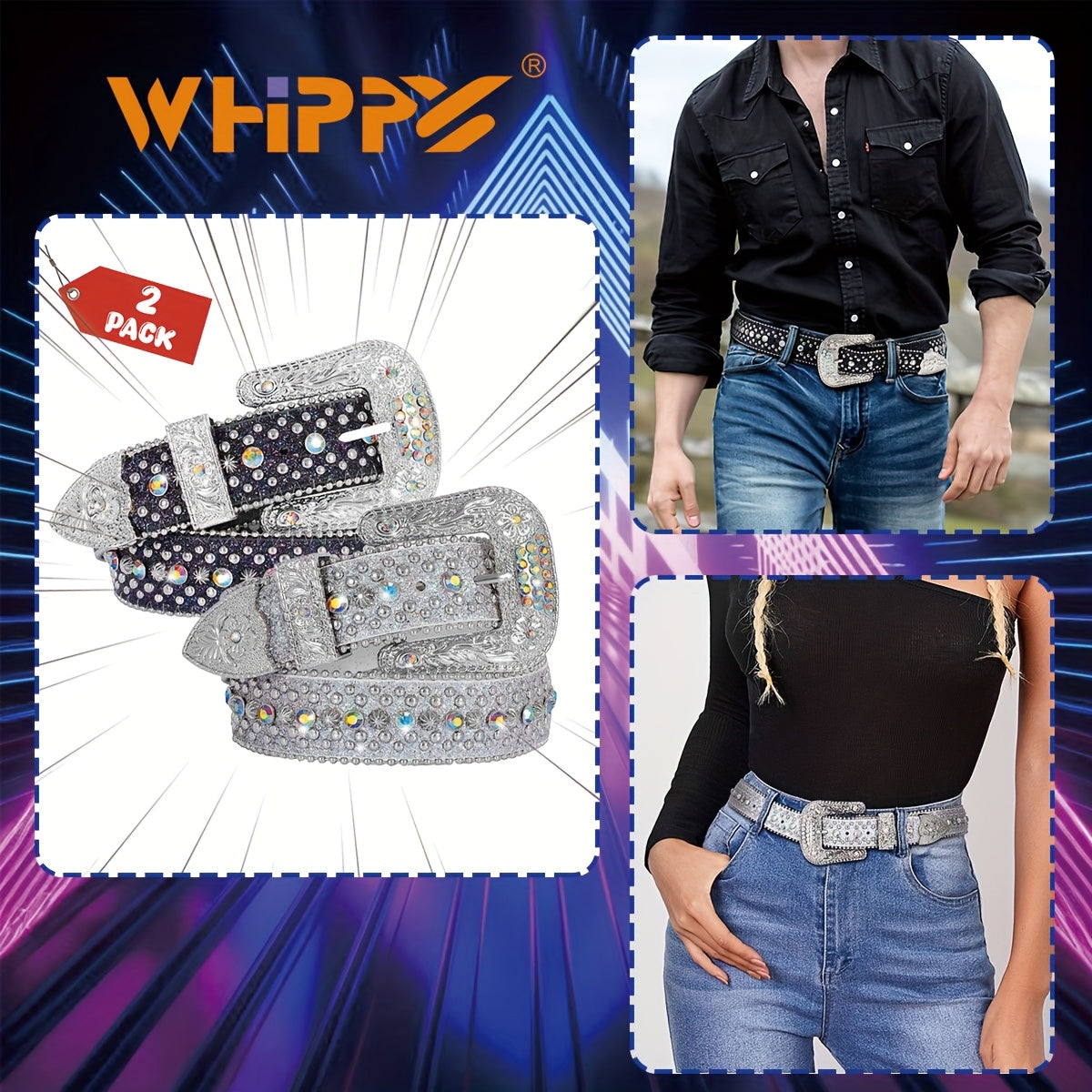 Rhinestone Belt Unisex Western Cowgirl Bling Belt – Sparkling Faux Leather Adjustable Waist Belt with Alloy Buckle for Women Men Sizes S-XL Party Festival Halloween Christmas Gift