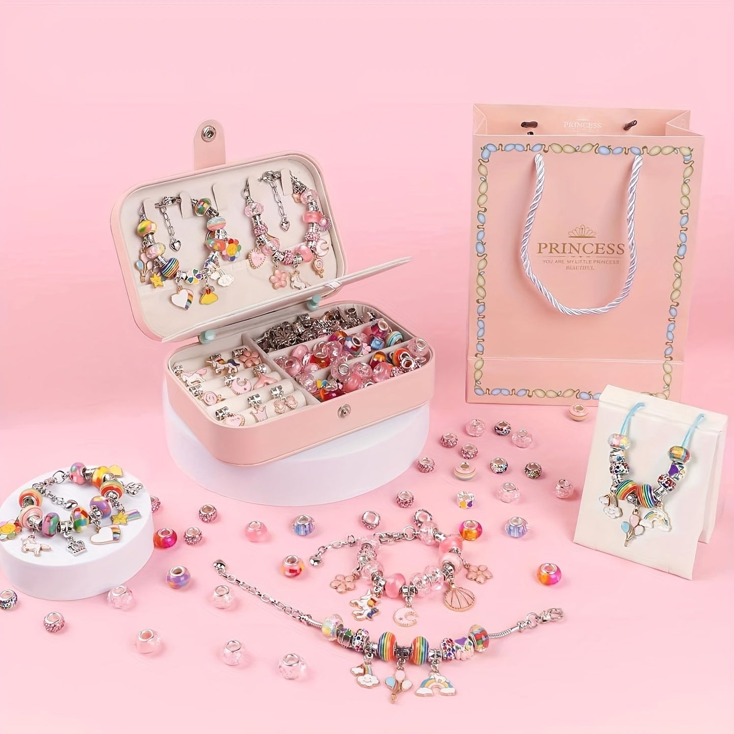 134pcs Charm Bracelet Making Kit – Cute DIY Jewelry Beading Set with 120 Beads, 6 Bracelets, 6 Necklaces, Jewelry Box & Gift Bag, Best Birthday New Year Gift for Girls Kids Teens