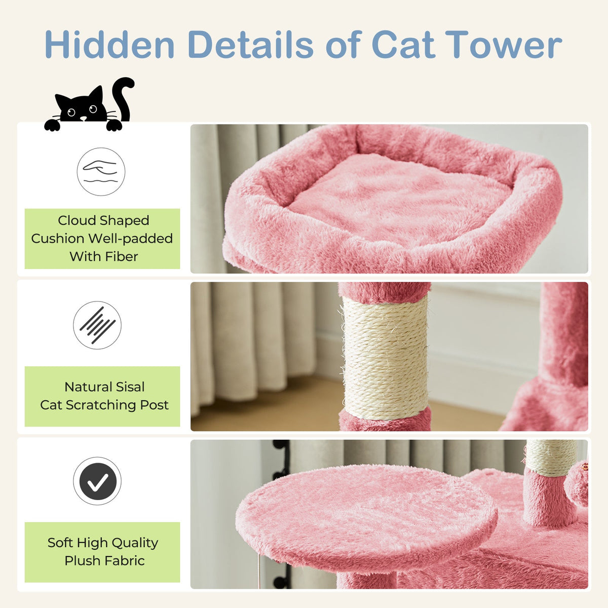 44-Inch Cat Tree Tower for Indoor Cats with Condo, Hammock & Natural Sisal Scratching Posts – Multi-Level Cat Furniture with Perches & Pet House for Multiple Cats, 5 Colors