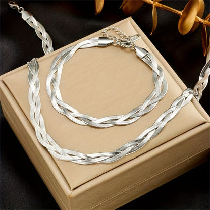 2-Piece Gold Stainless Steel Necklace & Bracelet Set for Women – Gold-Plated Tri-Color Hand-Woven Design, French Minimalist Retro Style for Daily Wear, Commute, Holiday & Party