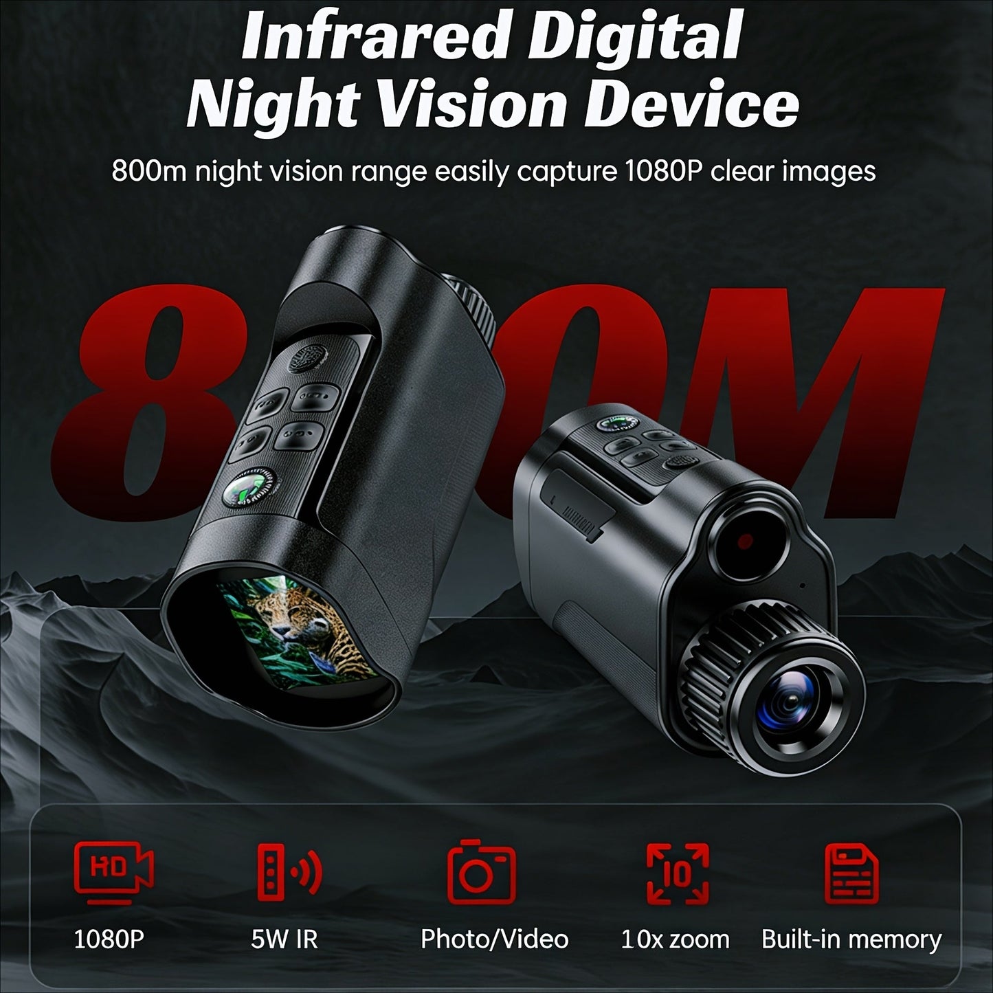 Night Vision Goggles 1080P Monocular 5W Infrared 10X Digital Zoom 2600ft Range 2700mAh Rechargeable Battery 2 Inch HD Display for Hunting Camping Wildlife Observation Security