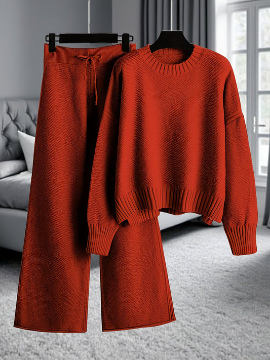 Women's Loose Knit Two-Piece Set – Round Neck Drop Shoulder Sweater & High Waist Wide Leg Drawstring Pants, Retro Casual Cozy Outfit, 10 Colors, Sizes S-XXL