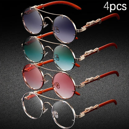 4PCS Punk Rock Round Glasses with Leopard Print Hinges & Tortoiseshell Accents – Retro Metal Frame PC Lenses, Unisex Fashion Eyewear for Parties, Photos & Casual Wear