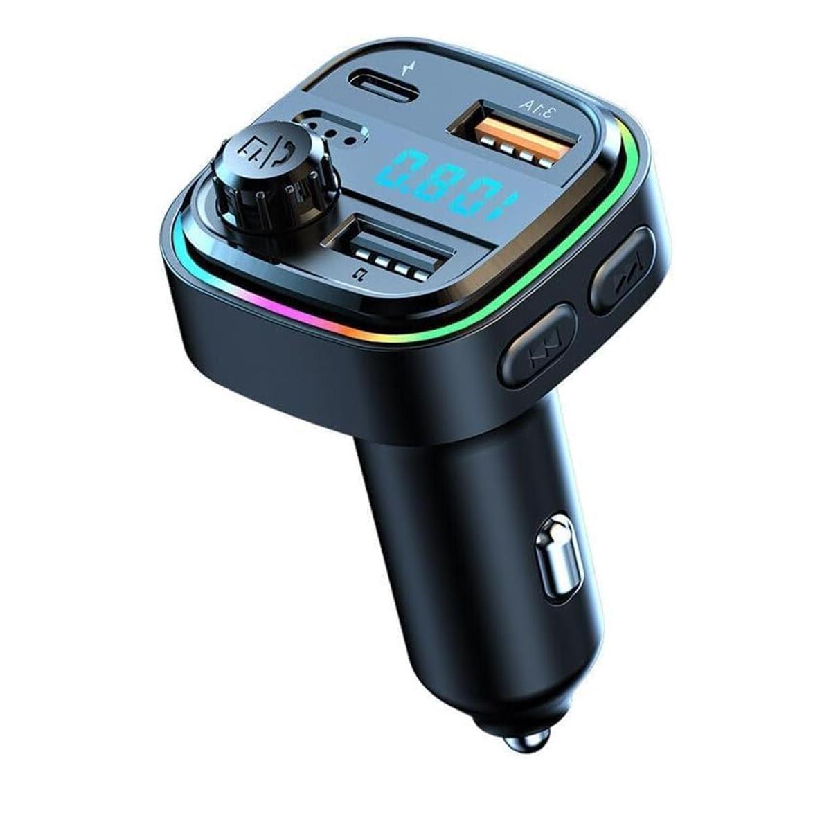 Bluetooth FM Transmitter for Car – BT 5.0, 48W QC3.0 & PD Fast Charge, Dual Microphone, 360° Bass, 2 USB + 1 USB-C Ports, Supports U Disk & AUX, Car Stereo Adapter – Black
