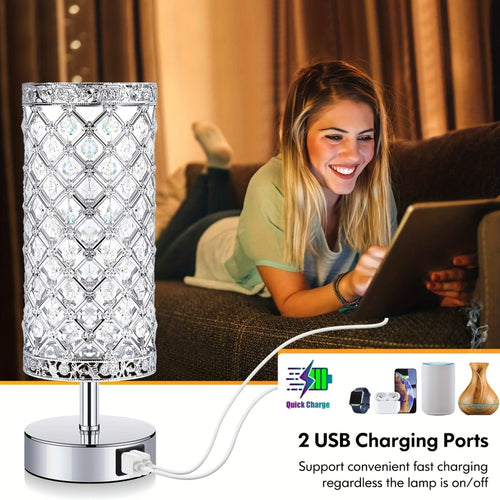 Crystal Touch Table Lamp 3-Way Dimmable with 2 USB Charging Ports LED Bulb Included Decorative Bedside Nightstand Light for Bedroom Living Room Office – Antique Bronze Rose Gold Silver