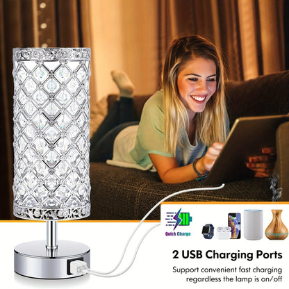Crystal Touch Table Lamp 3-Way Dimmable with 2 USB Charging Ports LED Bulb Included Decorative Bedside Nightstand Light for Bedroom Living Room Office – Antique Bronze Rose Gold Silver