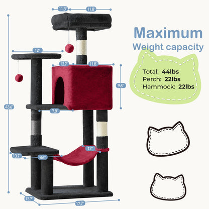 44-Inch Cat Tree Tower for Indoor Cats with Condo, Hammock & Natural Sisal Scratching Posts – Multi-Level Cat Furniture with Perches & Pet House for Multiple Cats, 5 Colors