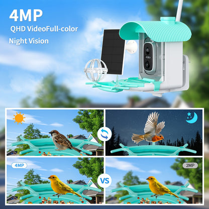 AI Smart Bird Feeder with Camera Solar Powered – 4MP 2K HD, Bird Species Identification, Motion Detection, Squirrel-Proof, IP66 Weatherproof, App Remote Monitoring, Gift for Bird Lovers