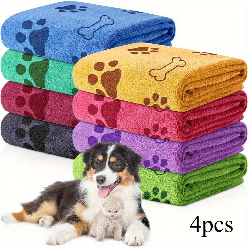 Quick-Dry Pet Towels 4 Pack - Soft Absorbent Polyester Dog Towels with Paw Print Design for Bathing and Drying Dogs and Cats, Assorted Colors for Small and Medium Pets